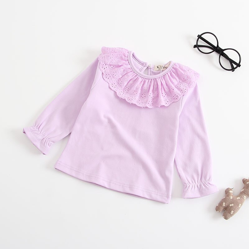 Baby Girl T-shirt Peuter Kids Herfst Casual Tops O Neck Hollow Out Ruches Lange Mouwen Prinses Blouse Katoenen T-shirt kleding: Lavendel / 9m