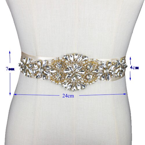 Silver handmade Rhinestone Applique Bridal Belt Crystal Wedding Sash Belt With beaded Pearl For Wedding Evening Dress up Prom: Gold