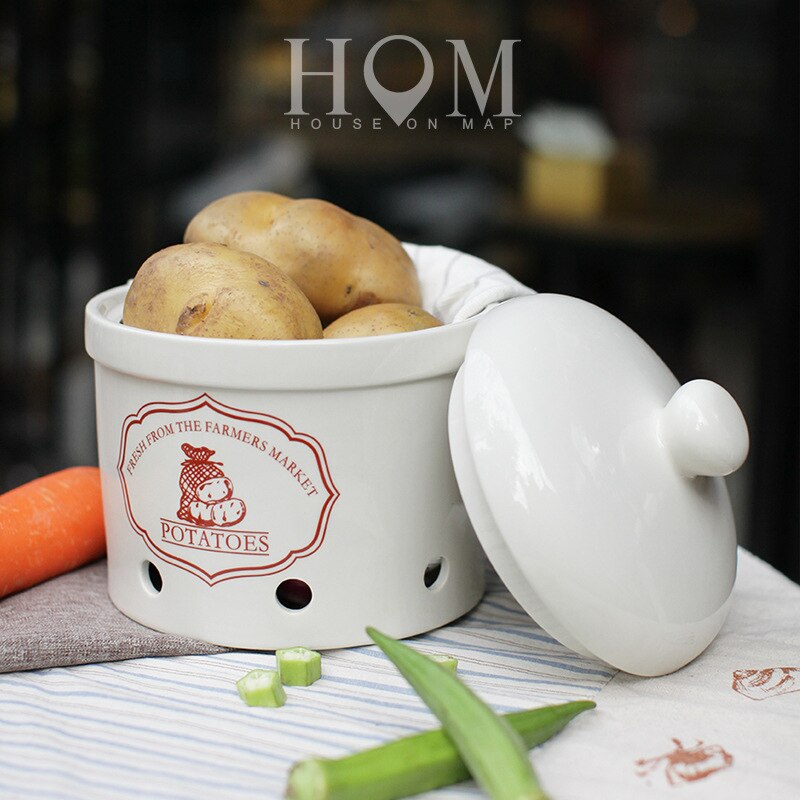 Simple Household Kitchen Ceramic Storage Tank Potato Onion Can Garlic Can Air Storage Tank with Cover: Potato Pot Large