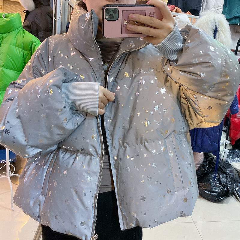 snowflake Winter warm overcoat long reflective jacket luminous casual coat thick streetwear loose glowing parka padded outwear