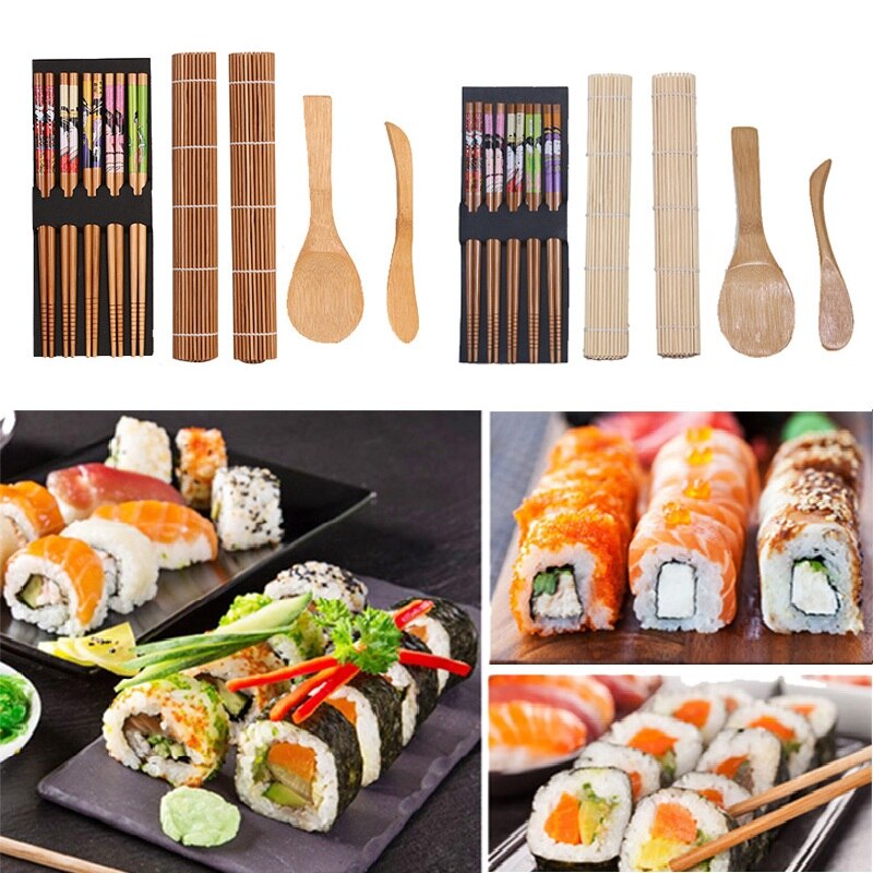 5 stk/sett bambus sushi maker sett inkludert 2 stk rullematte ris spreder padle 5 par spisepinner kokeverktøy