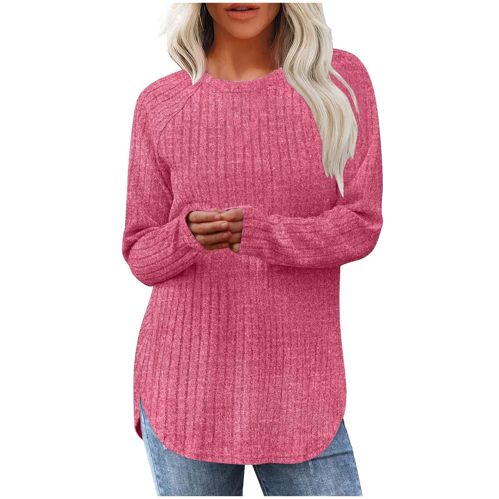 Sweat-shirts pour femmes à manches longues col rond pull décontracté solide tunique hauts femmes sweats femmes vêtements d'hiver liquidation: L / Rose Red