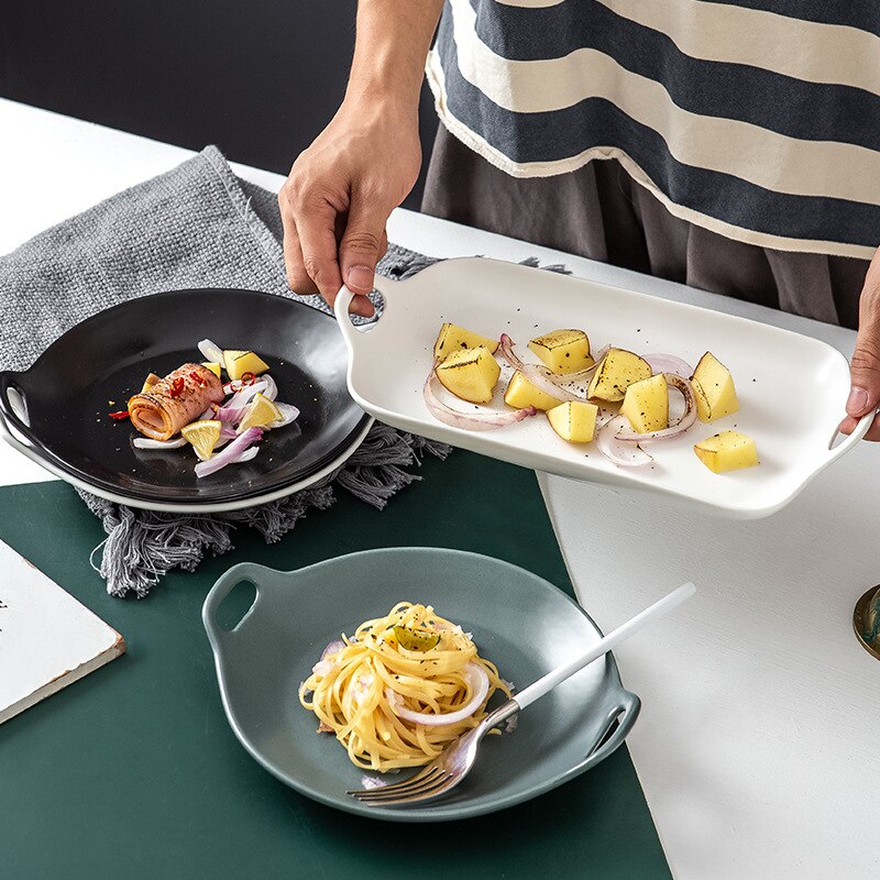 Nordic Matte Ceramic Plate Double Ear Household Plate Dim Sum Baking Plate Red Western Plate Square Plates Set Diner Plate