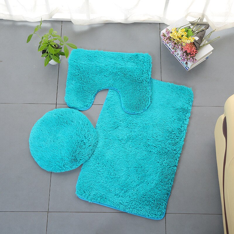 Toilet Seat Cover 3pc Bathroom Set Rug Contour Mat Toilet Lid Cover Plain Solid Color Bathmat Bathroom Supplies: Light Blue