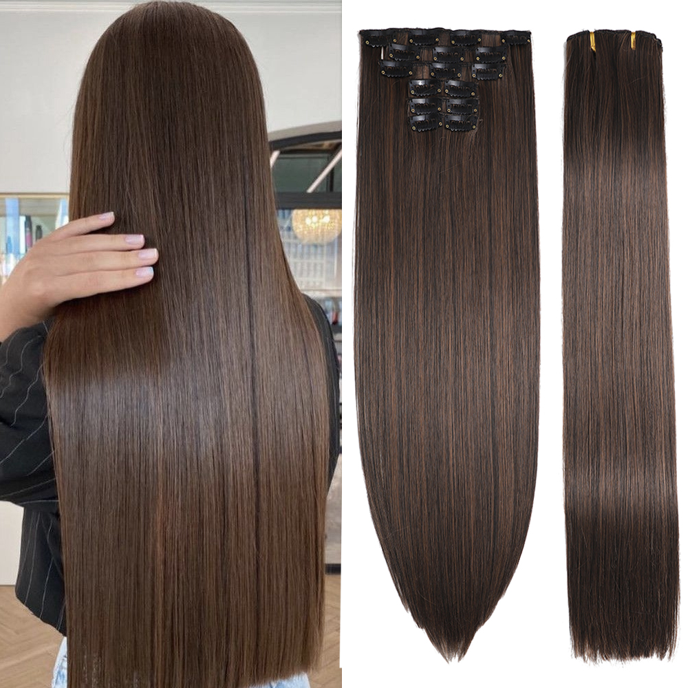 24 inch Synthetische Lange Rechte Kapsel 16 Clips 6 stks/set Hair Extensions Blond Zwart Haarstukjes Hittebestendig Voor Vrouwen