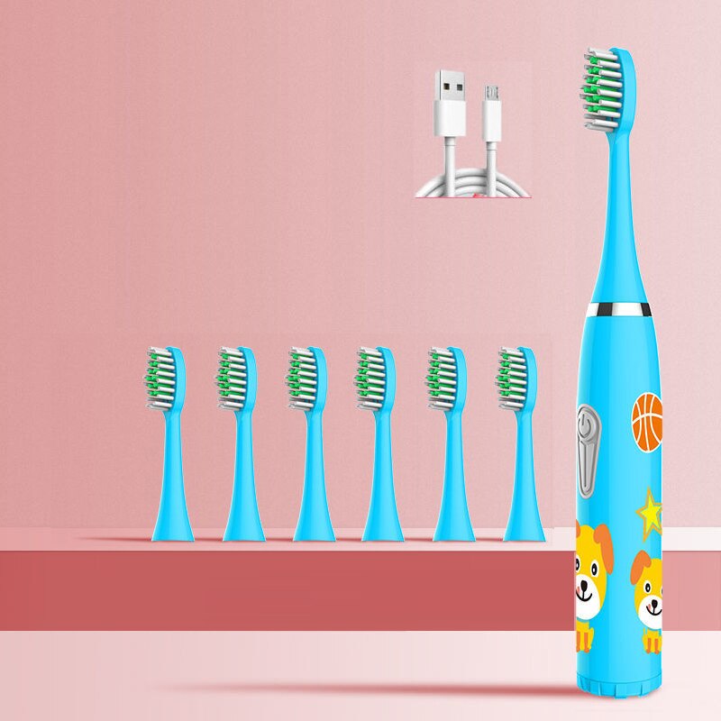Children Electric Toothbrush Heads Smart Electric Teeth Brush Battery models/Rechargeable Replacement Brush Heads Kids: blue 7 heads A
