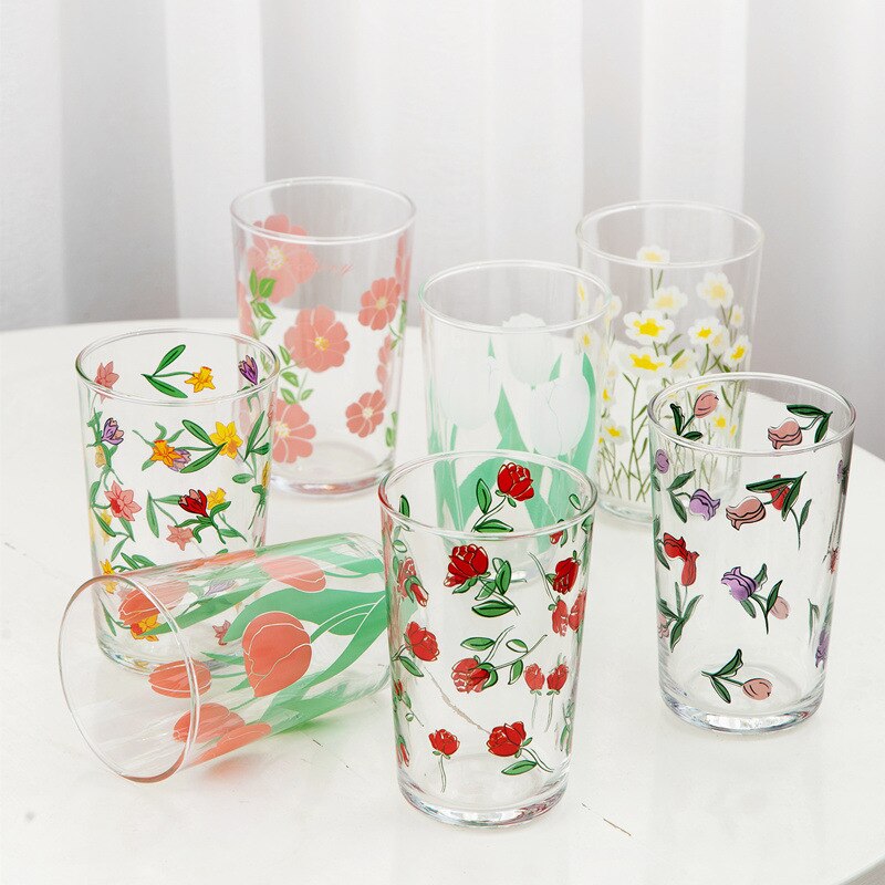 Verre à vin avec 7 motifs de fleurs, tulipe coréenne marguerite, tasse à jus de vin, impression de Rose Cosmos, gobelet , ensemble pour boisson, , 450ML