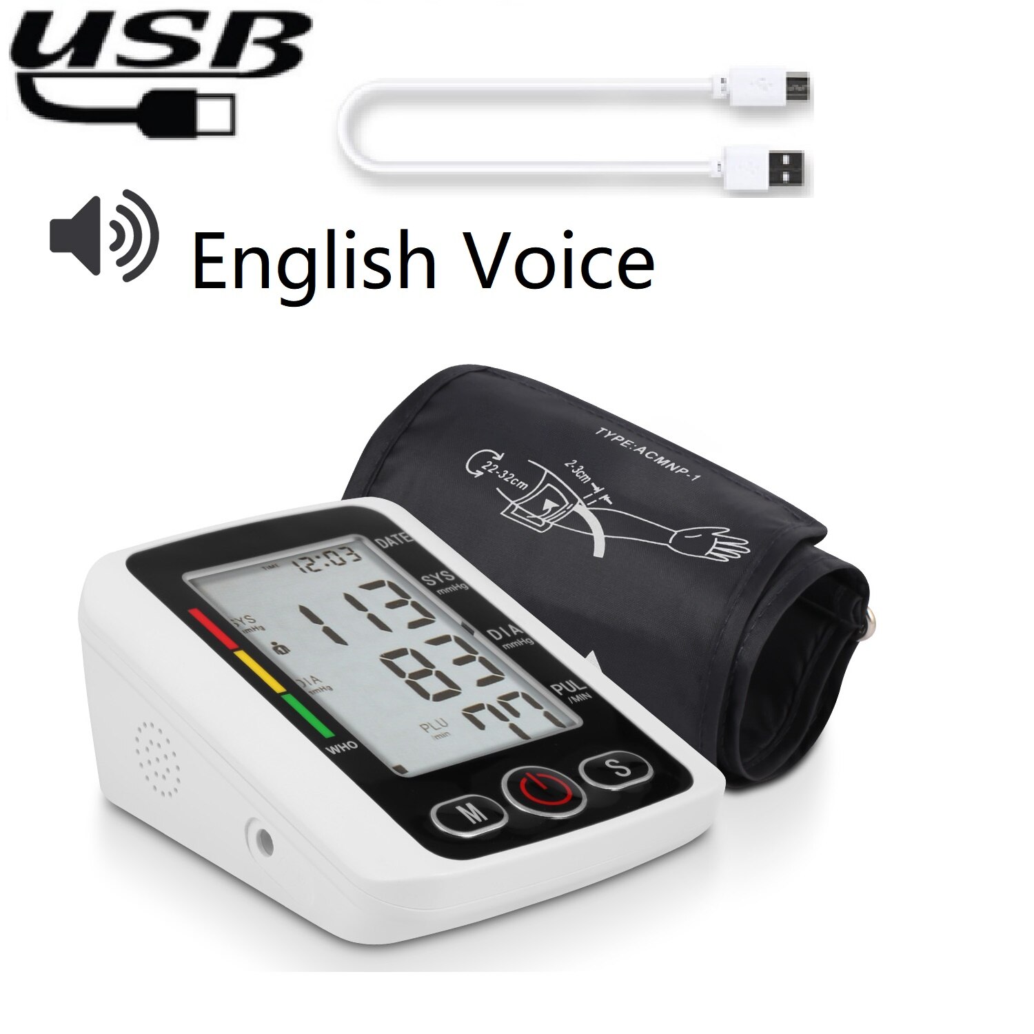 Esfigmomanómetro electrónico con carga USB, monitor de presión arterial para brazo, brazalete ajustable de precisión LCD, totalmente automático para el hogar: as show 1