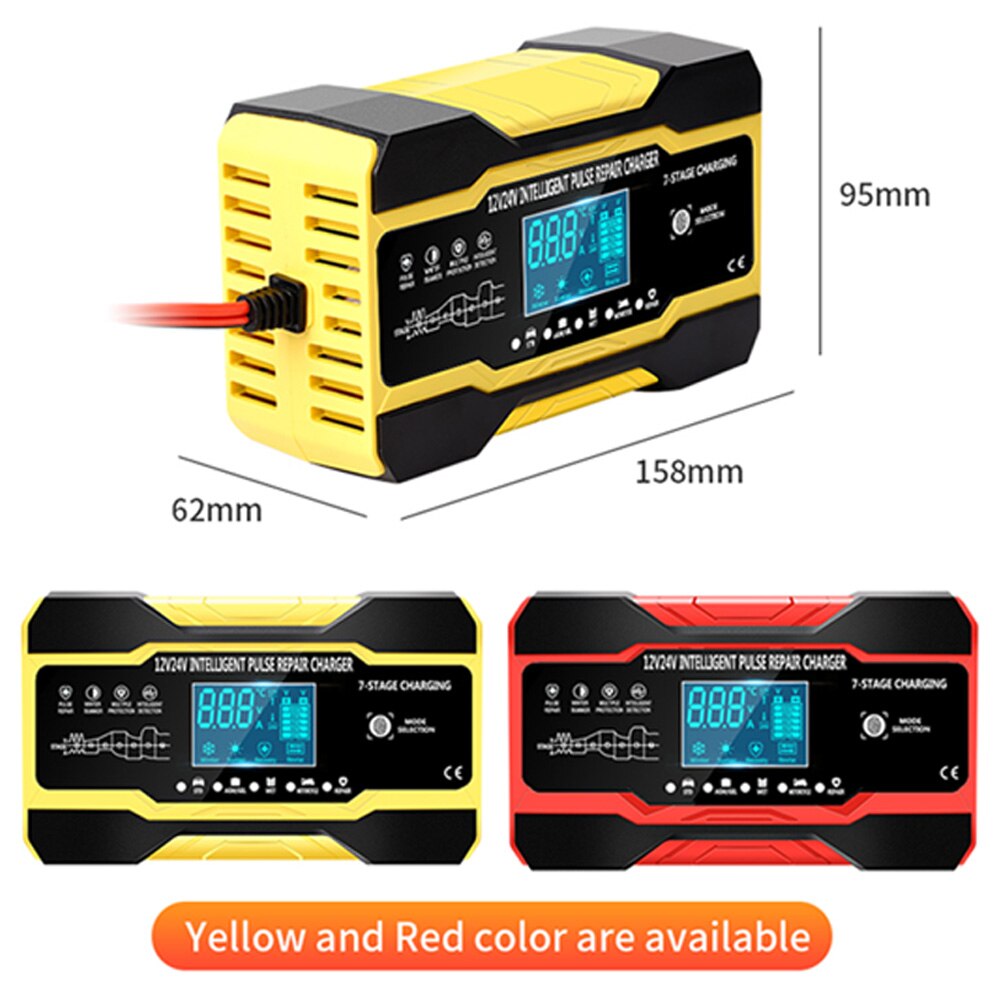 Chargeur de réparation d'impulsions de voiture 12V/5A 24V/10A, avec écran LCD, pour batterie de moto, automatique, intelligent, en 7 étapes, rapide