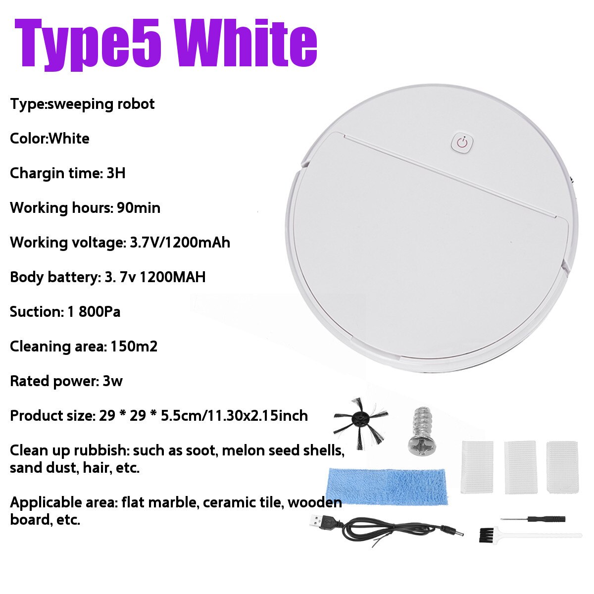 7 Stijlen Volautomatische Smart Robot Stofzuiger Usb Opladen Vegen Robot Droge En Natte Mop Uv Desinfectie Cleaner: Type5 White