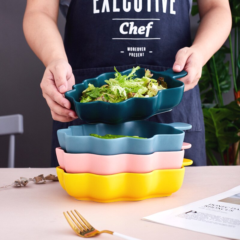 Baking Large Baked Rice Baking Plate Salad Bowl Dim Sum Baking Bowl Stripe Christmas Leaf Plate Ceramic Tableware