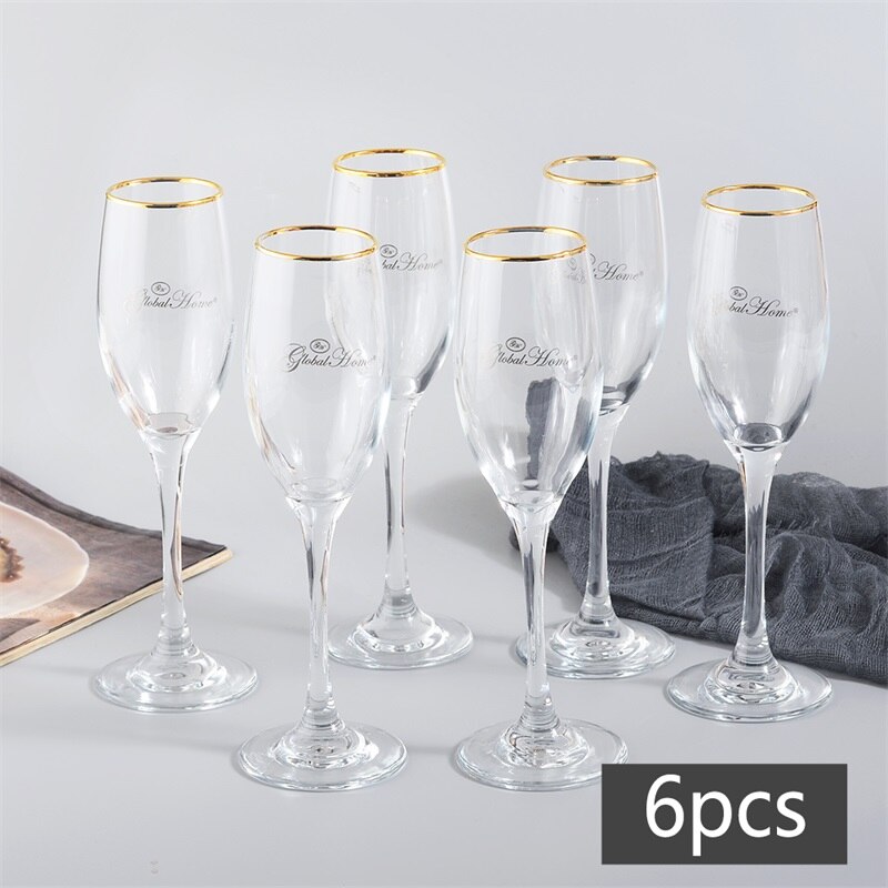 Copas de champán con borde dorado upspirit, juego de vasos para agua y zumo, para cóctel, vino, whisky, bar, bodas y fiestas.: 6 piezas 180ml
