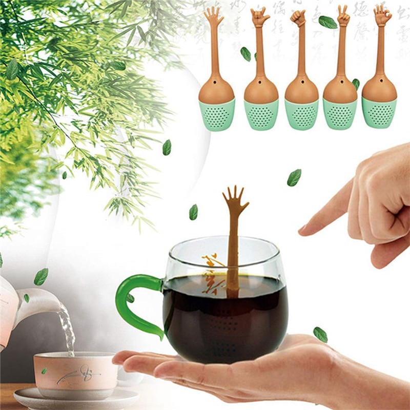Infusores de té de hojas sueltas con gestos en las manos, colador de silicona de mango largo para viaje, taza, botella, herramientas de té para en casa