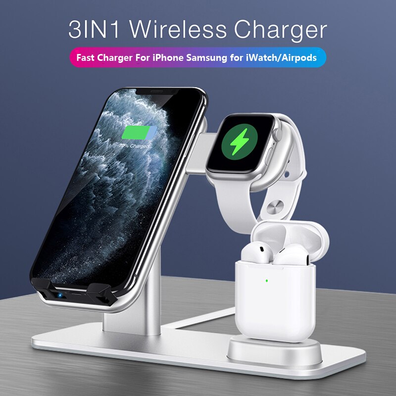 15W Aluminum 3 in 1 Wireless Charger Fast Charging For AirPods 2 iPhone 11 Pro Xs Max XR Charger Dock Holder For iWatch 5 4 3 2