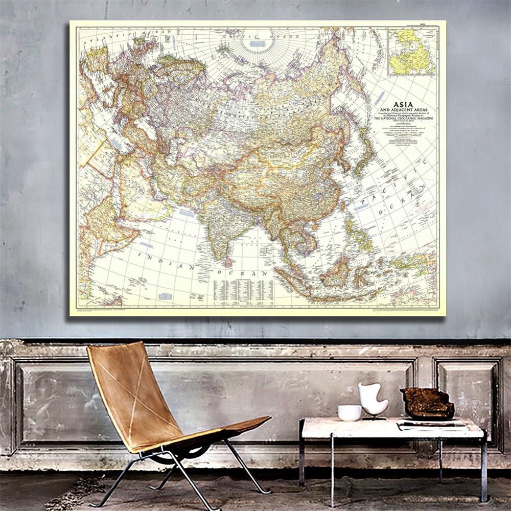 1951 Edition Vinyl Spray Painting HD Map of Asia And Adjacent Areas Living Room Wall Decor Map For Home/Office Art Crafts