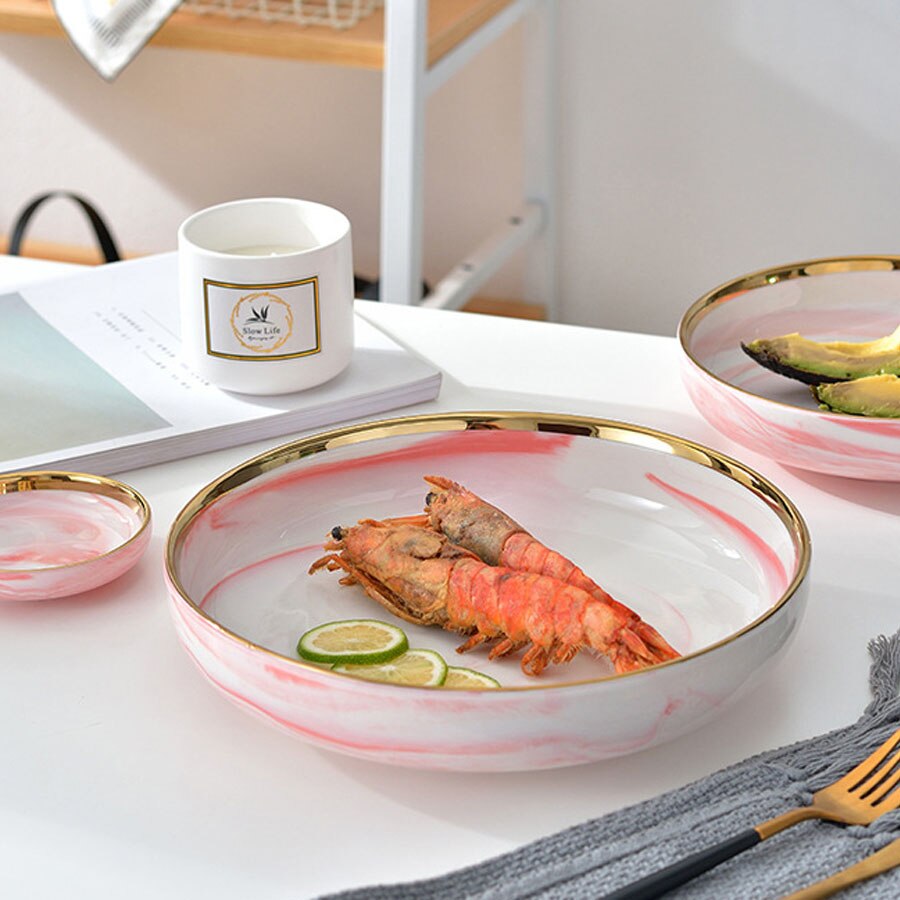 1pc pink marmor keramisk middagstallerken risnudler salatskål suppe tallerkener frugt spisestel sæt hjemmeservice køkken kok