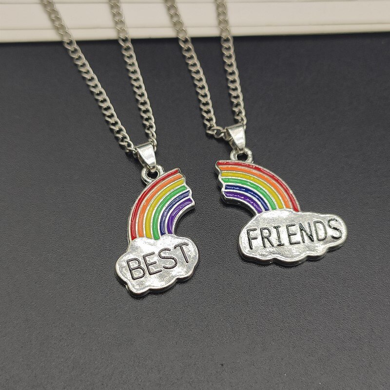 2 Pcs/set Best Friend Necklace Charm Lady Rainbow Heart Engrave Best Friend Forever Necklace Pendant Friendship BFF Jewelry