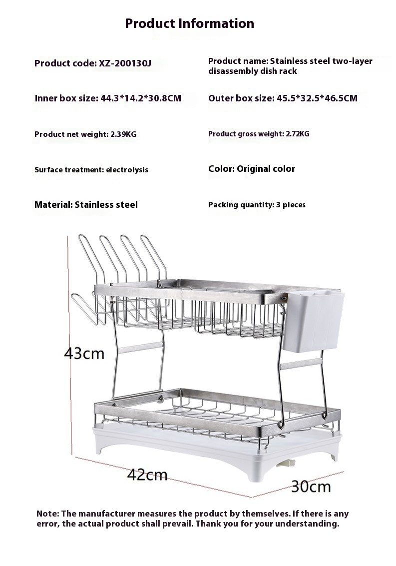 304 Stainless Steel Kitchen Storage Rack Double-layer Detachable Bowl Dish Tray Drain Rack Multifunctional Storage Basket