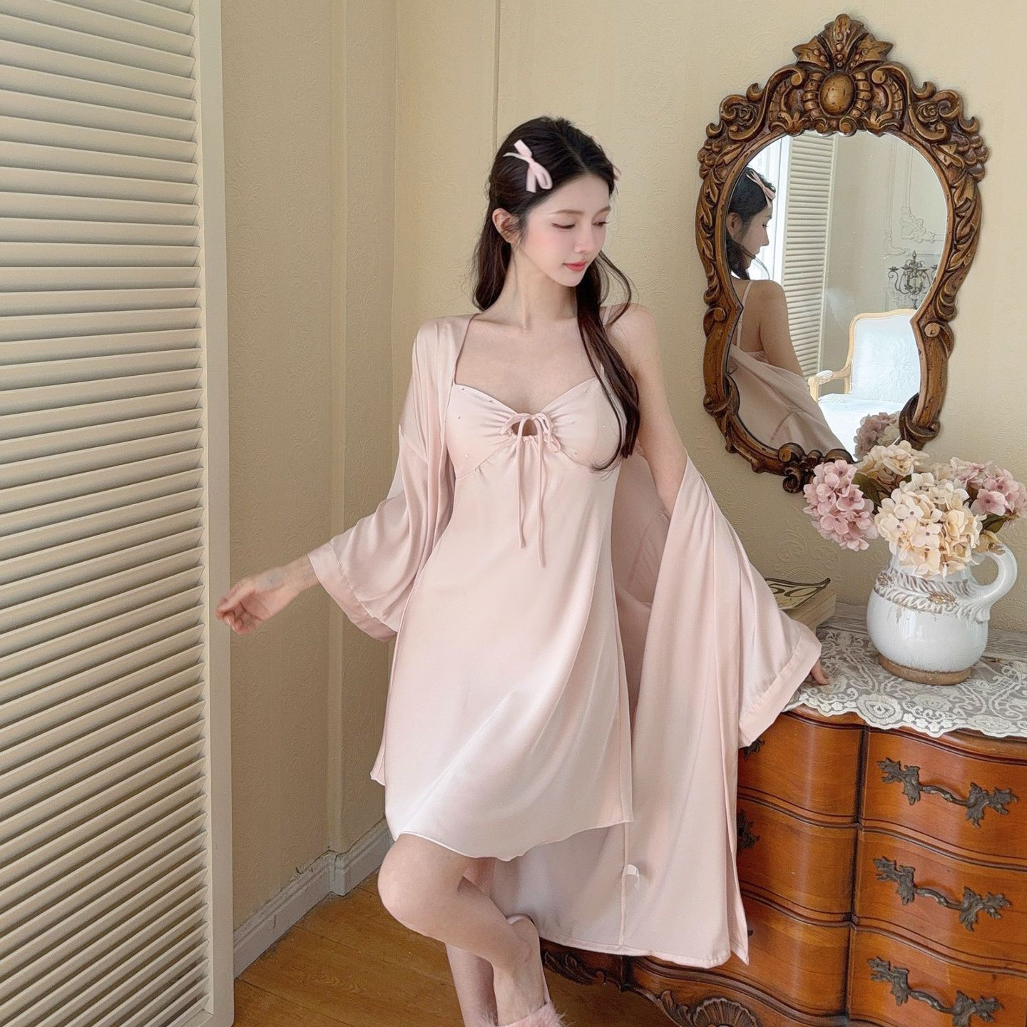 Twinset morgenkåpe dame sateng nattkjole kimono badekåpe kjolesett sommer sexy loungewear v-hals nattøy