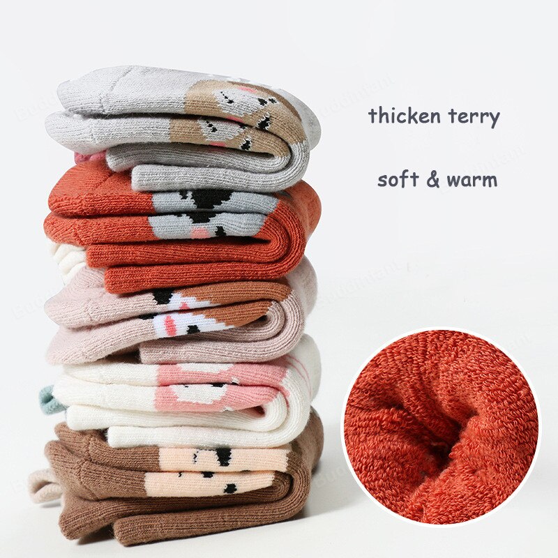 Kids Socks Baby Boy Winter Warm Socks Anti-slip Cartoon Animals Cotton Terry Thicken Socks Floor Home Rubber Sole Lion Fox Bear