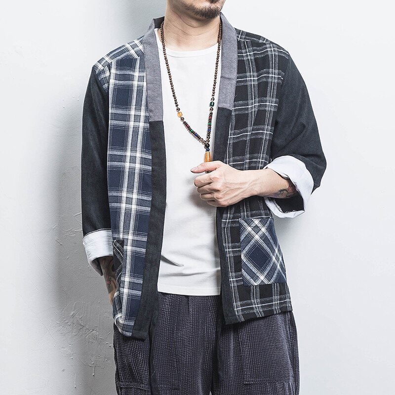 Kimono japonais à carreaux en coton pour hommes, vêtements d&#39;extérieur Haori, manteau Hanten à la , vêtements de samouraï, Yukata,