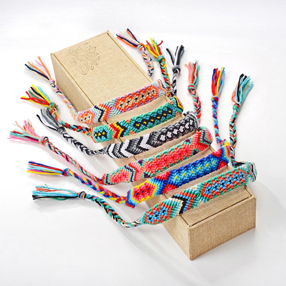 Boho pulseira de tecido artesanal arco-íris sorte amizade pulseiras pulseiras para mulheres boho franja corda trançado jóias presente