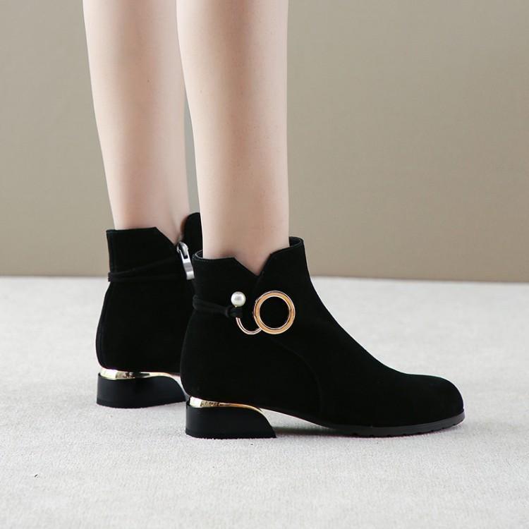 Vinterskor dam ankelboots faux svarta låga klackar mocka booties pärlklänning skor fyrkantig klack botas mujer plus size