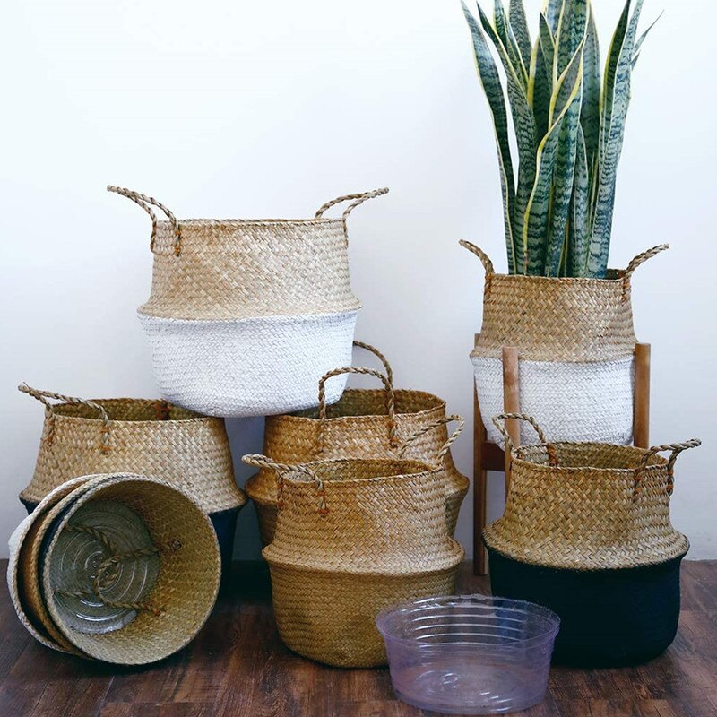 20cm Handmade Rattan Woven Basket with Waterproof Cover Foldable Seagrass Clothing Storage Basket Home Decor Flowerpot Organizer
