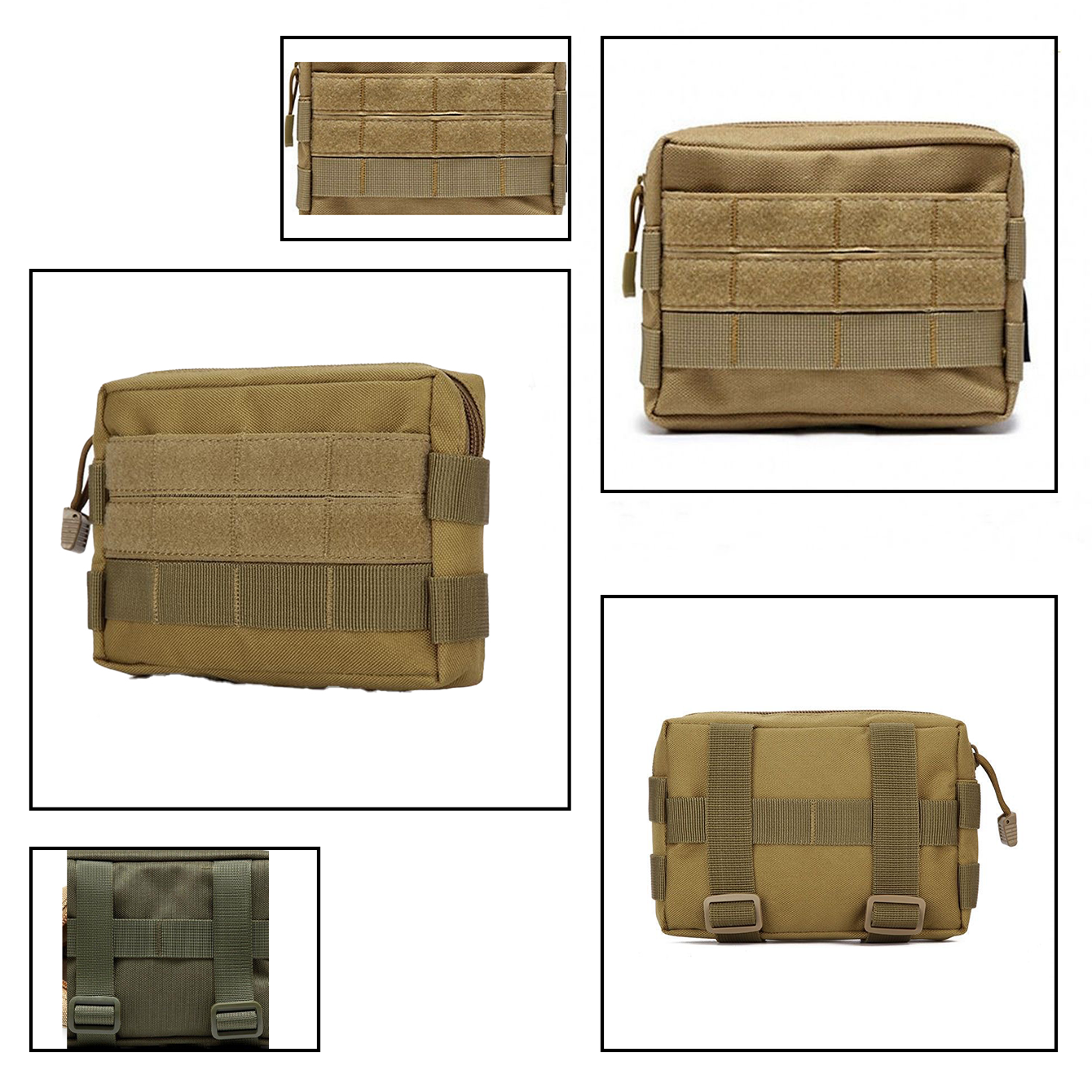 Multifunctionele accessoiretas/opbergtas die aan de riem van een outdoorvest of -rugzak kan worden gehangen.