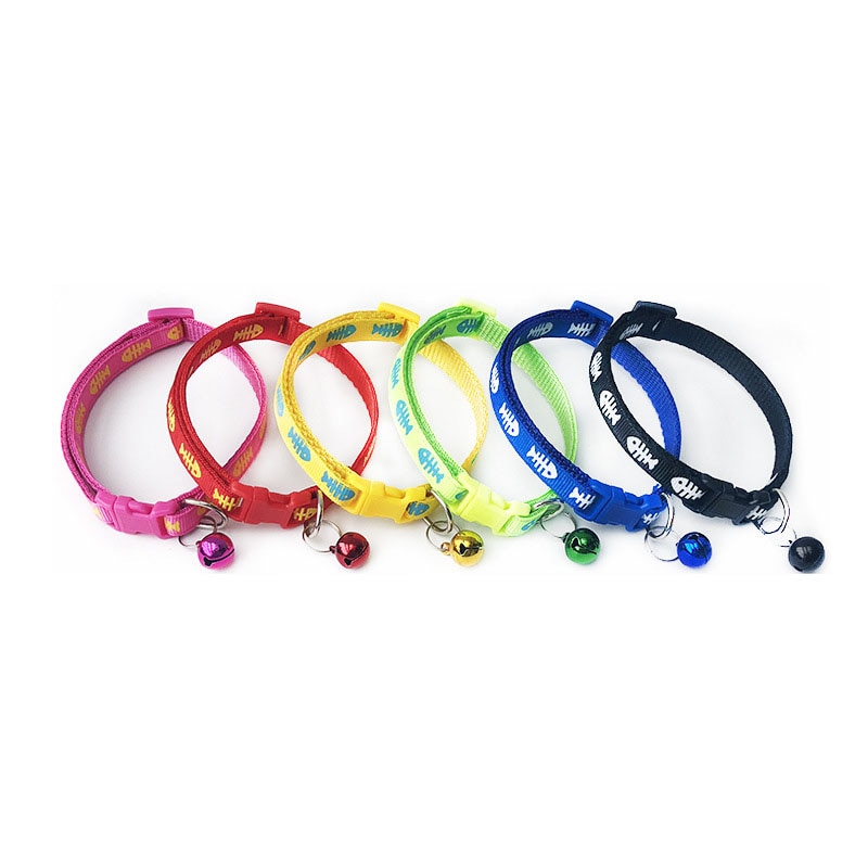 Collar ajustable con estampado de espina de pescado para mascotas, Collar de nailon para cachorros, gatitos y gatos con campanas, 19-32cm, 1,0 cm,
