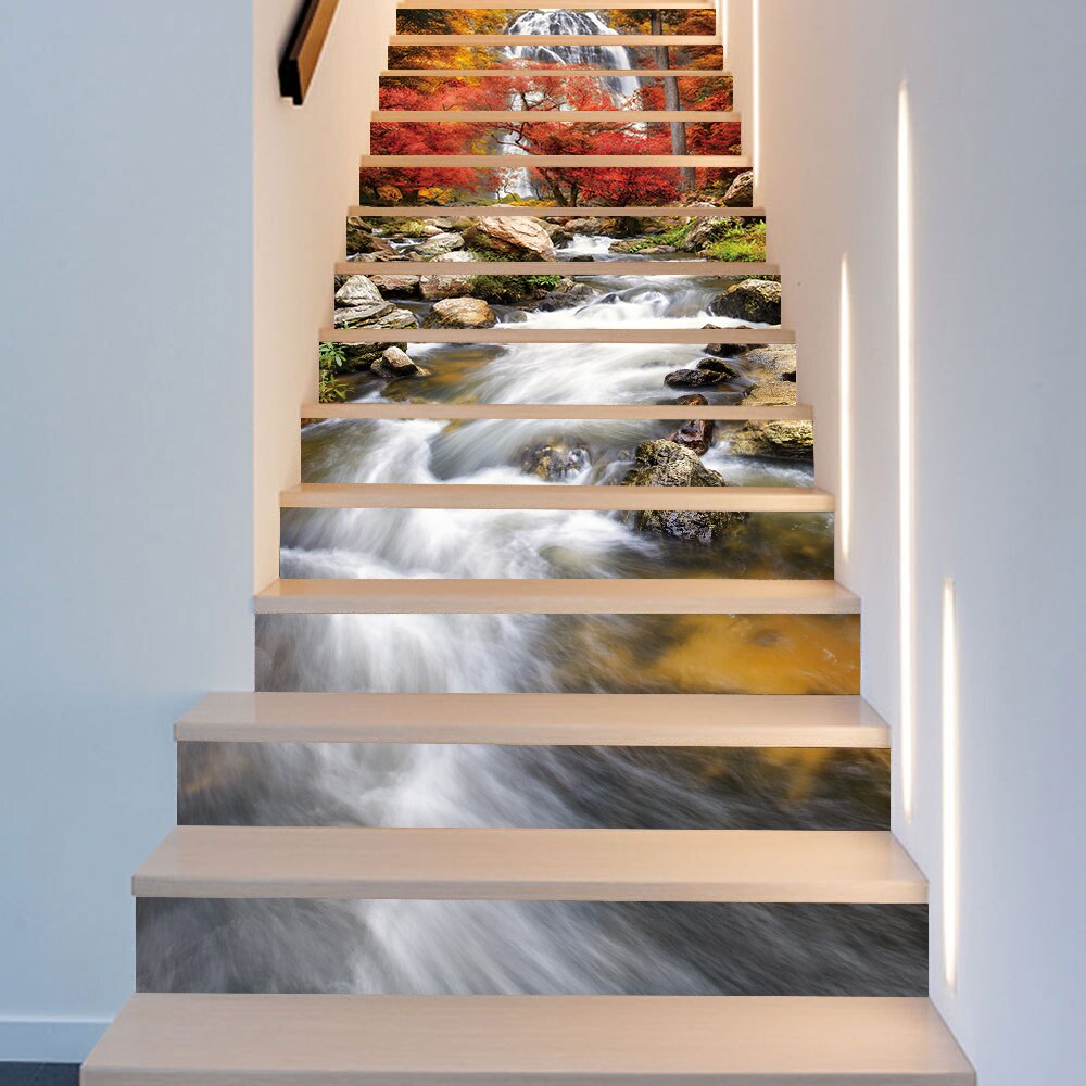 Pegatina para decoración de escaleras, calcomanías artísticas autoadhesivas de PVC, con de cascada, río, casa y escaleras