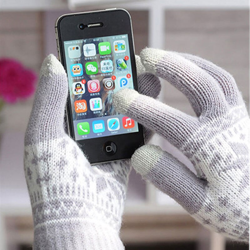Vinter varm berøringsskærm handsker mænd kvinder uld strikkede handsker slik farve snefnug vanter til mobiltelefon tablet pad: Grå