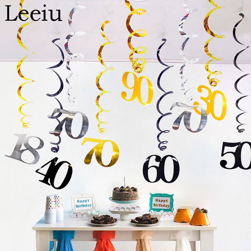 Leeiu 6pcs Spial 18 30 40 50 60th Birthday Swirls Hanging Ornaments Happy Birthday Party DIY Decorations Cheers 30th Birthday