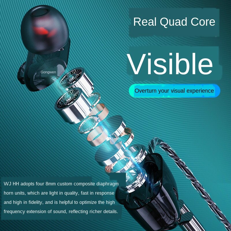 A6 Dual-action Quad-core Earplugs Wired Control Subwoofer Earphone Cable Suitable for Iphone Huawei Vivo Mobile Phone