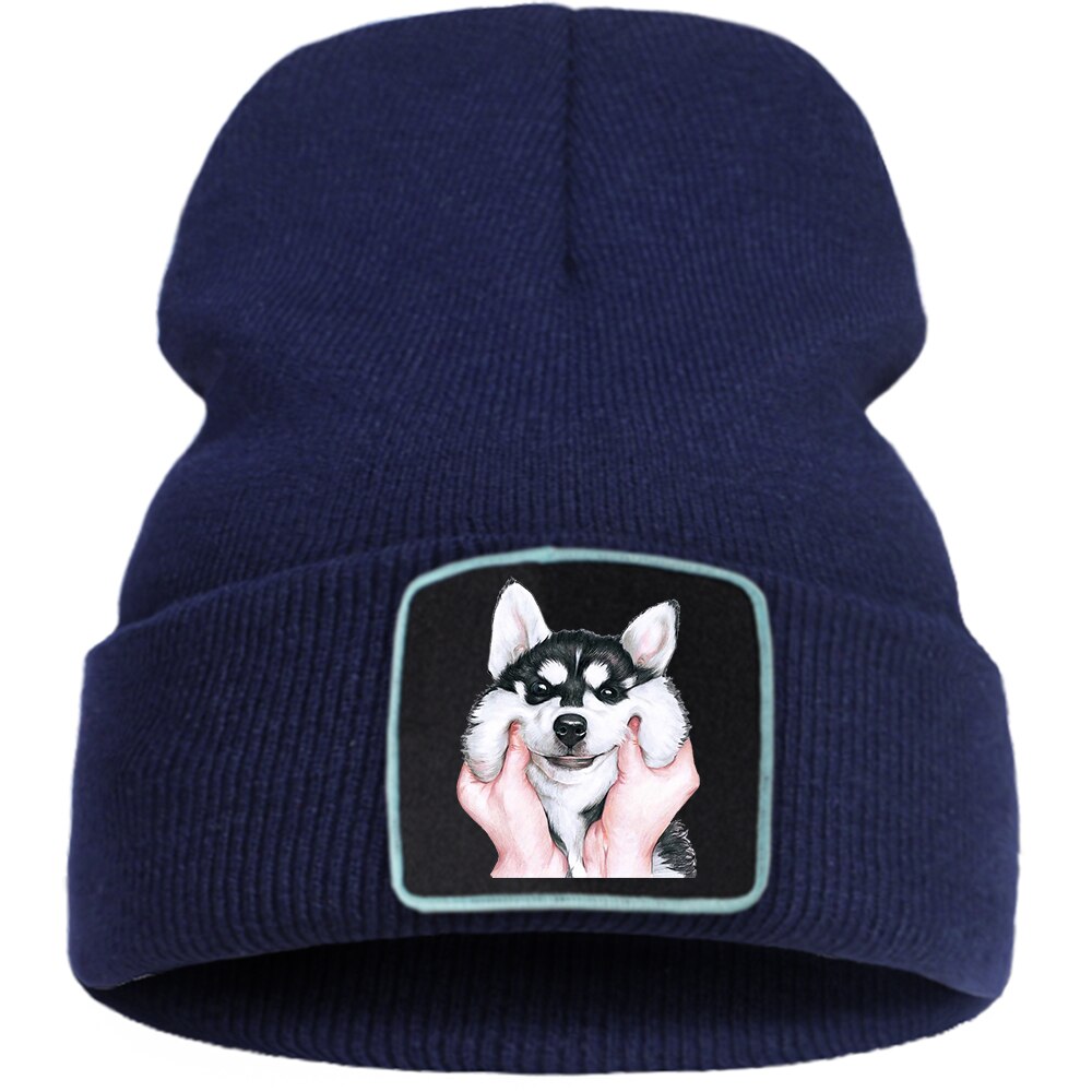 Belle mignon Husky chien Bonnet casquettes femmes hiver coton Skullies chapeau hommes en plein air Hip Hop Bonnet tricoté doux unisexe Beanie chapeaux: dark blue6