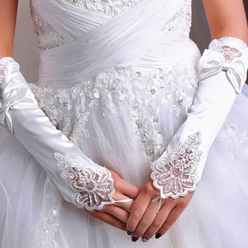 Las mujeres de novia largo guantes Fingerless guantes de encaje Floral manoplas Patchwork brillo Rhinestone Bowknot grande longitud gancho dedo