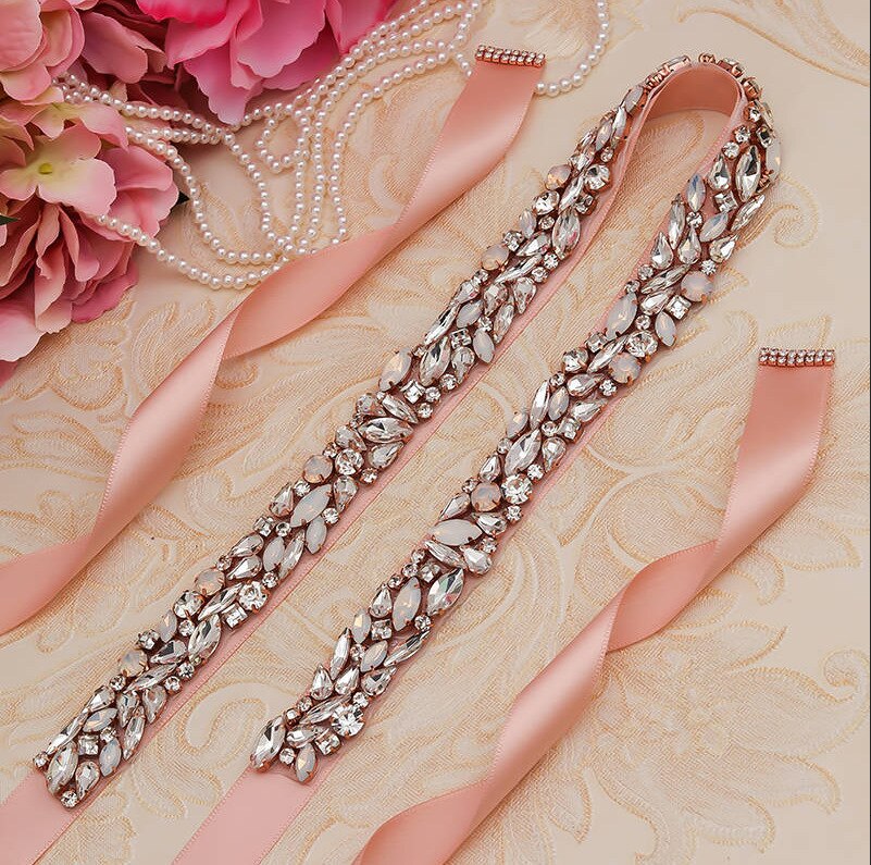 Jonnafe Delicate Rose Gold Bridal Belt and Sash Handmade Opal Crystal Wedding Dress Waistband Dress Belt Accessories