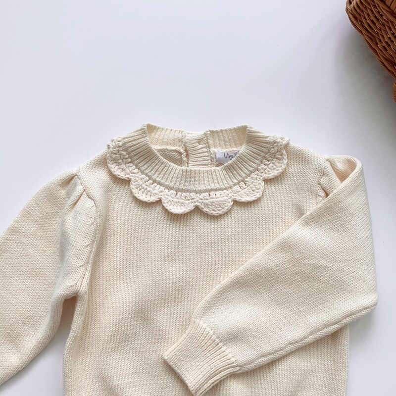 Herfst Winter Kinderen Trui Baby Meisjes Solid Jumper Kinderen Knit Top Mode Meisjes O-hals Handgemaakte Kraag Truien: Beige / 3T