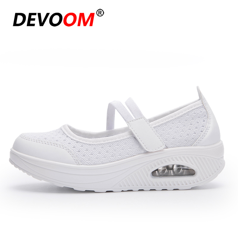 Women Black White Slimming Breathable Platform Swing Wedge Shoes Health Massage Shoes Feminino Zapatillas Deportivas Mujer: White / 8