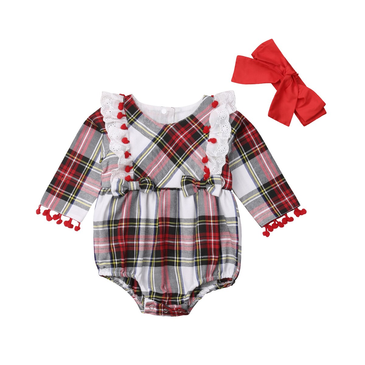 Cute Toddler Infant Baby Girls Boys Plaid Lace Long Sleeve Romper Bodysuit Jumpsuit Xmas Outfits Clothes 0-24M