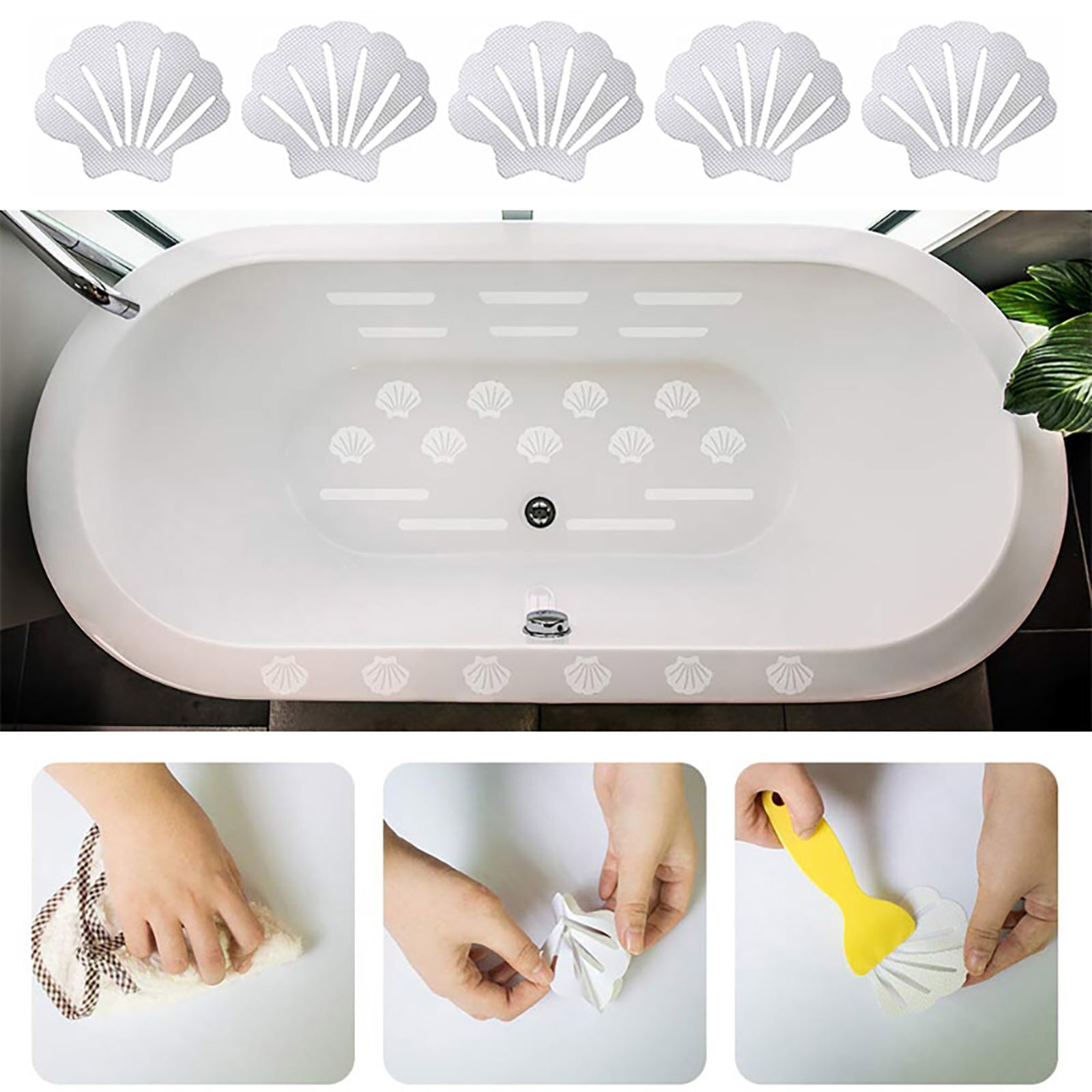 Lot de 6/12 autocollants antidérapants en caoutchouc, pour salle de bain, baignoire, douche, bande antidérapante, en forme de coquille, pour sol de bain