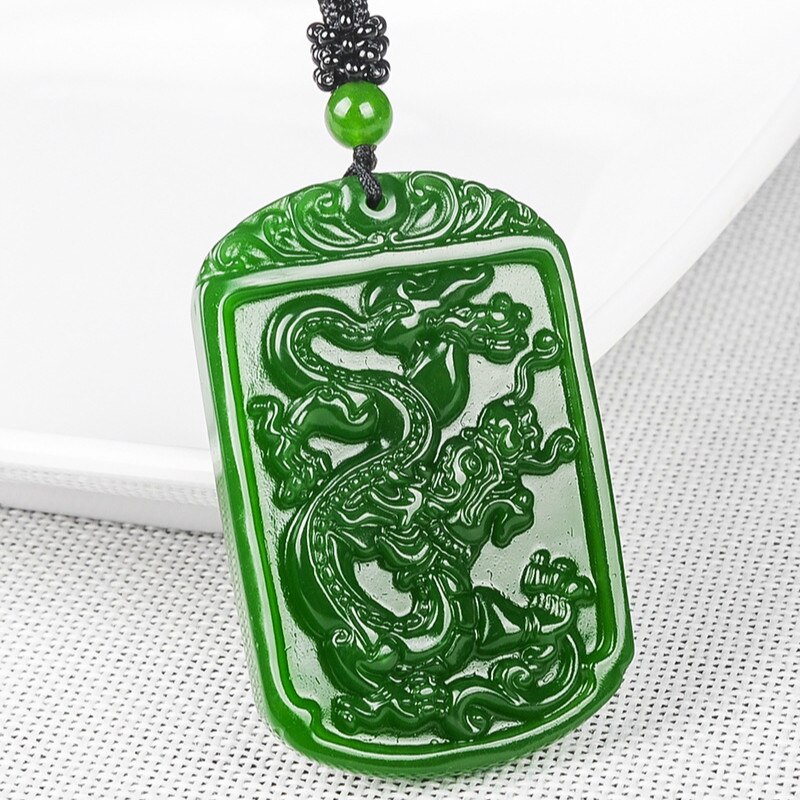 Natürliche GrüNe Jade Drachen Anhänger Perlen Halskette Charme Schmuck Zubehör Hand-Geschnitzt Mann Glück Amulett