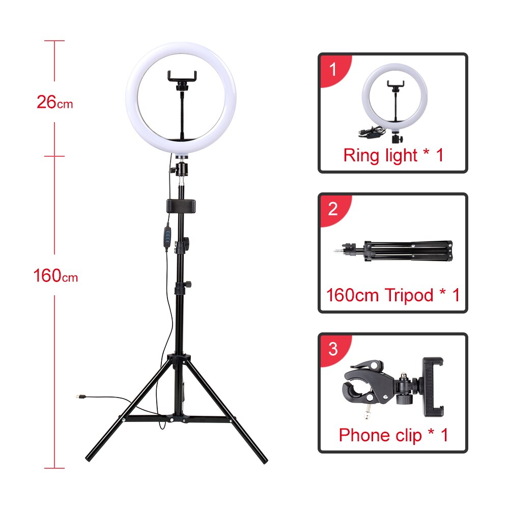 Yizhestudio 10inch 26cm USB Interface Dimmable LED Ring Light lamp Camera Phone Photography Video Makeup Lamp With Tripod clip: 1.6M-1