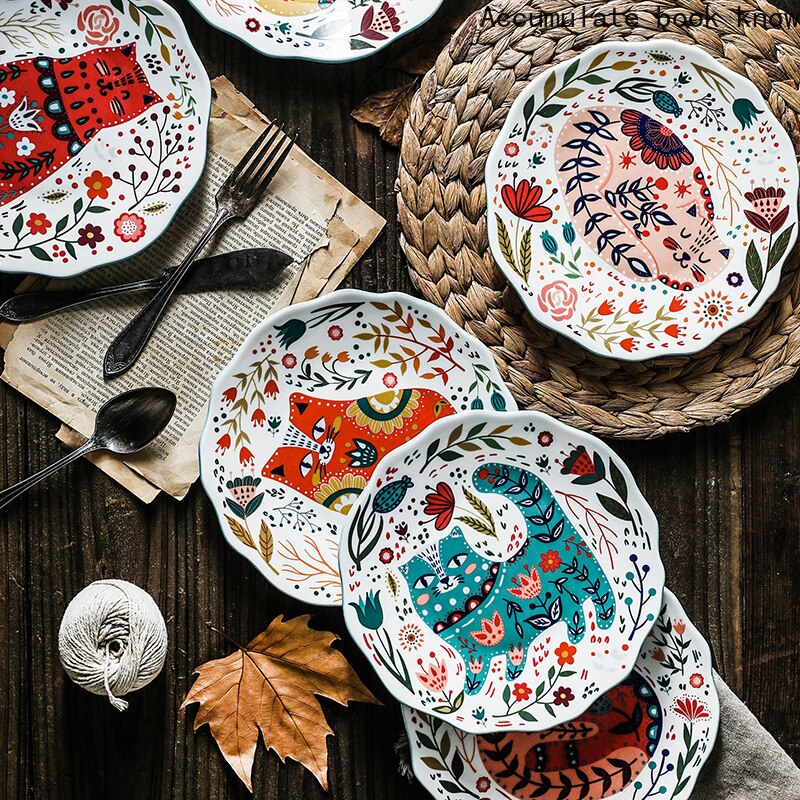 Neue 8 zoll Bunte Katze Abendessen Platte Unter-glasierte Keramik Abendessen Gerichte Nachtisch Tablett Blume Kätzchen Geschirr Mikrowelle Sicher