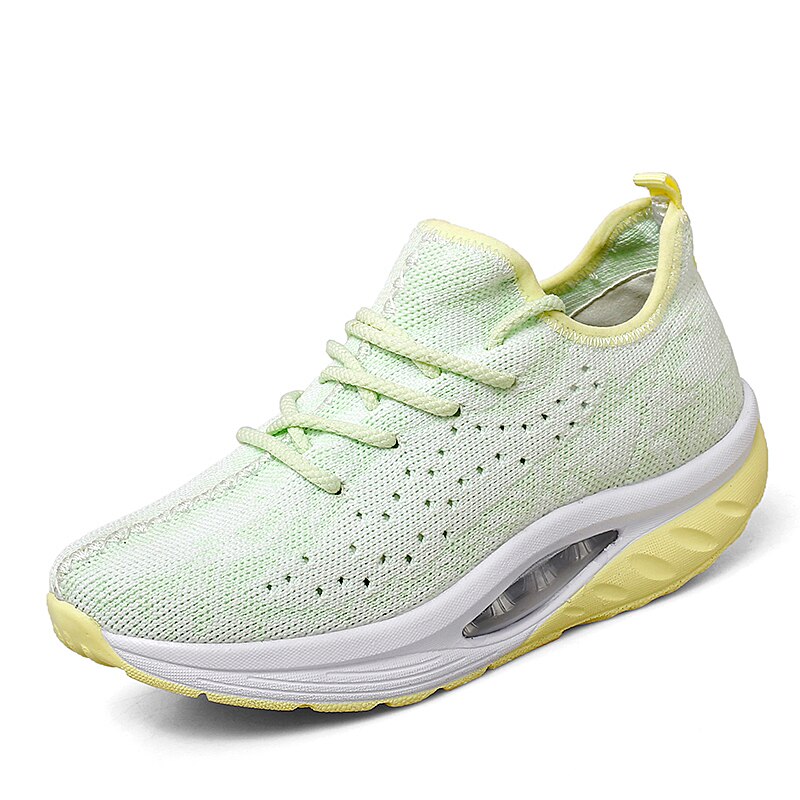 Zapatos deportivos de para mujer, zapatillas de suela gruesa, zapatos de plataforma de tejido volador, zapatillas tonificadoras de cuña, zapatos de balanceo transpirables: Verde / 36