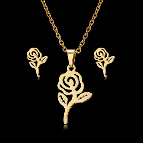 RINHOO Schmetterling Rose Blume Herz Blatt Gold Farbe Edelstahl setzt Für Frauen Halskette Ohrringe Schmuck-einstellen Hochzeit Schmuck: Rose