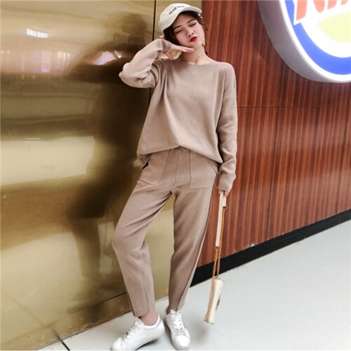 Tom Hagen Autumn Women Suit Warm Cashmere Sport Suit Sweater Two Piece Knitted Set Casual Tracksuit Jogger Set Sweatsuit: Khaki / L