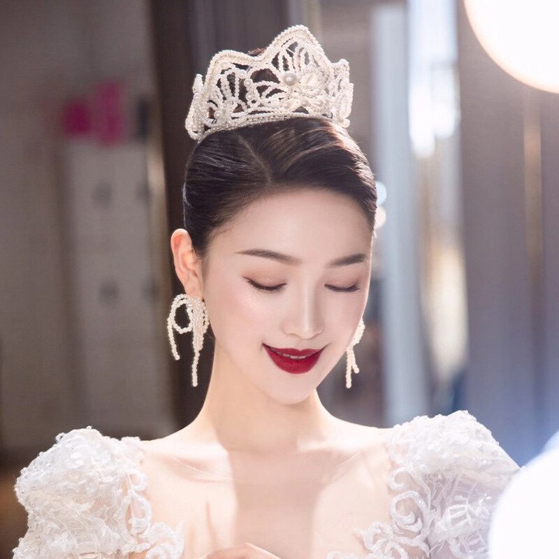 Handgemaakte Pearl Bead String Kroon Oorbel Set Bruiloft Bruid Volledige Cirkel Tiara Hoofdtooi Trouwjurk Bijpassende