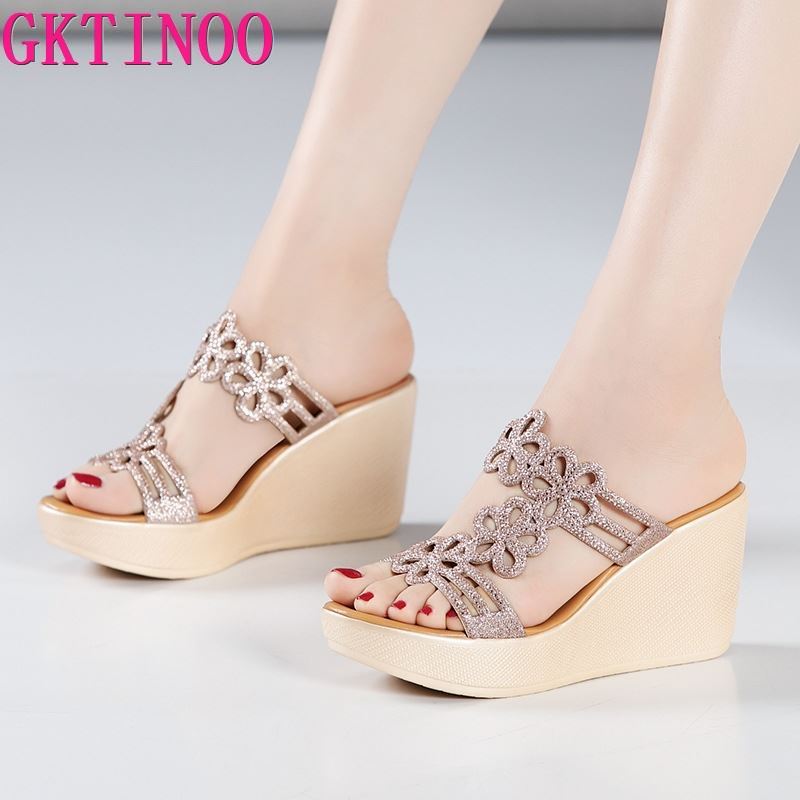 Gktinoo Plus Size 41 Platform Schoenen Zomer Wiggen Slippers Strass Trouwschoenen Hoge Hakken Slides Vrouwen Slipper