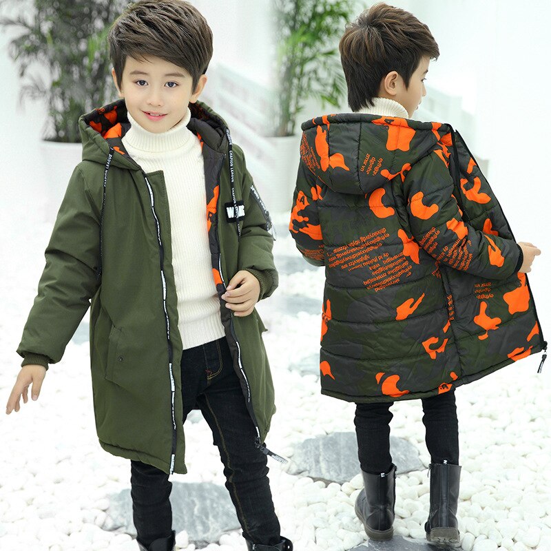 Winter Jongens Parka Dikke Camouflage Dragen Op Beide zijden Warm Jassen Hooded Lange Katoenen-jassen Voor 5- 14T Kinderen